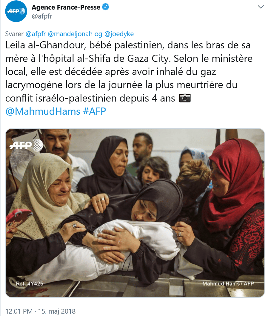 Skærmklip af en tweet fra franske AFP (Agence France Presse - som mange kalder "Agence France Palestine" så uobjektive de er)