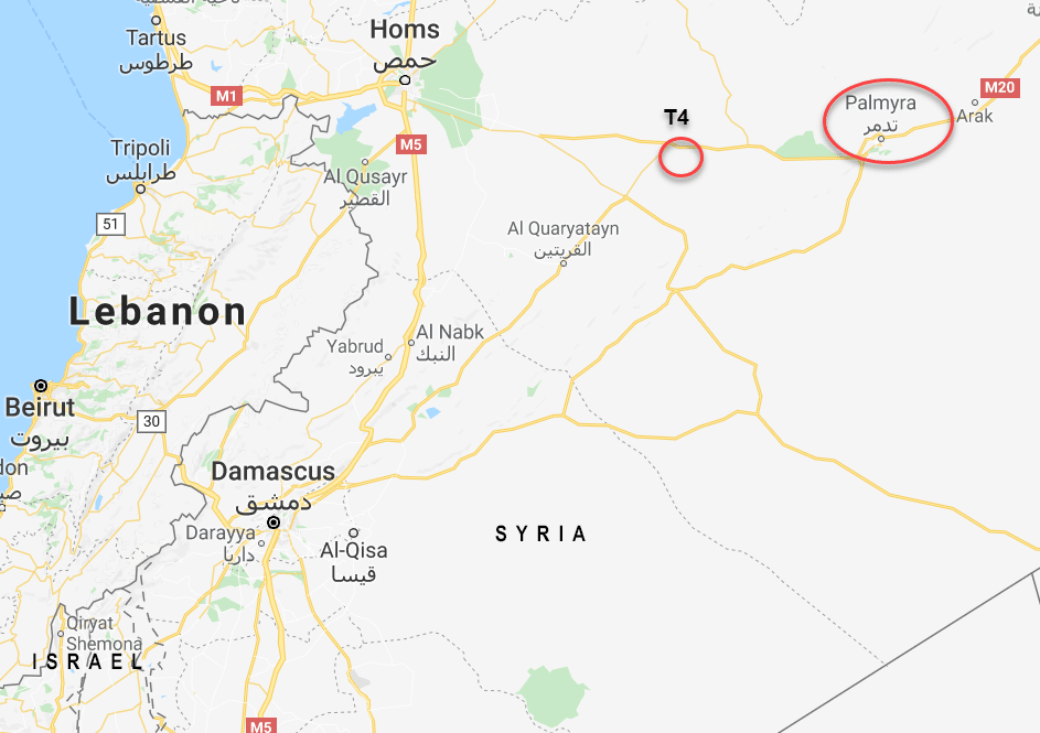 T4 er ca. 60 km vest for Palmyra